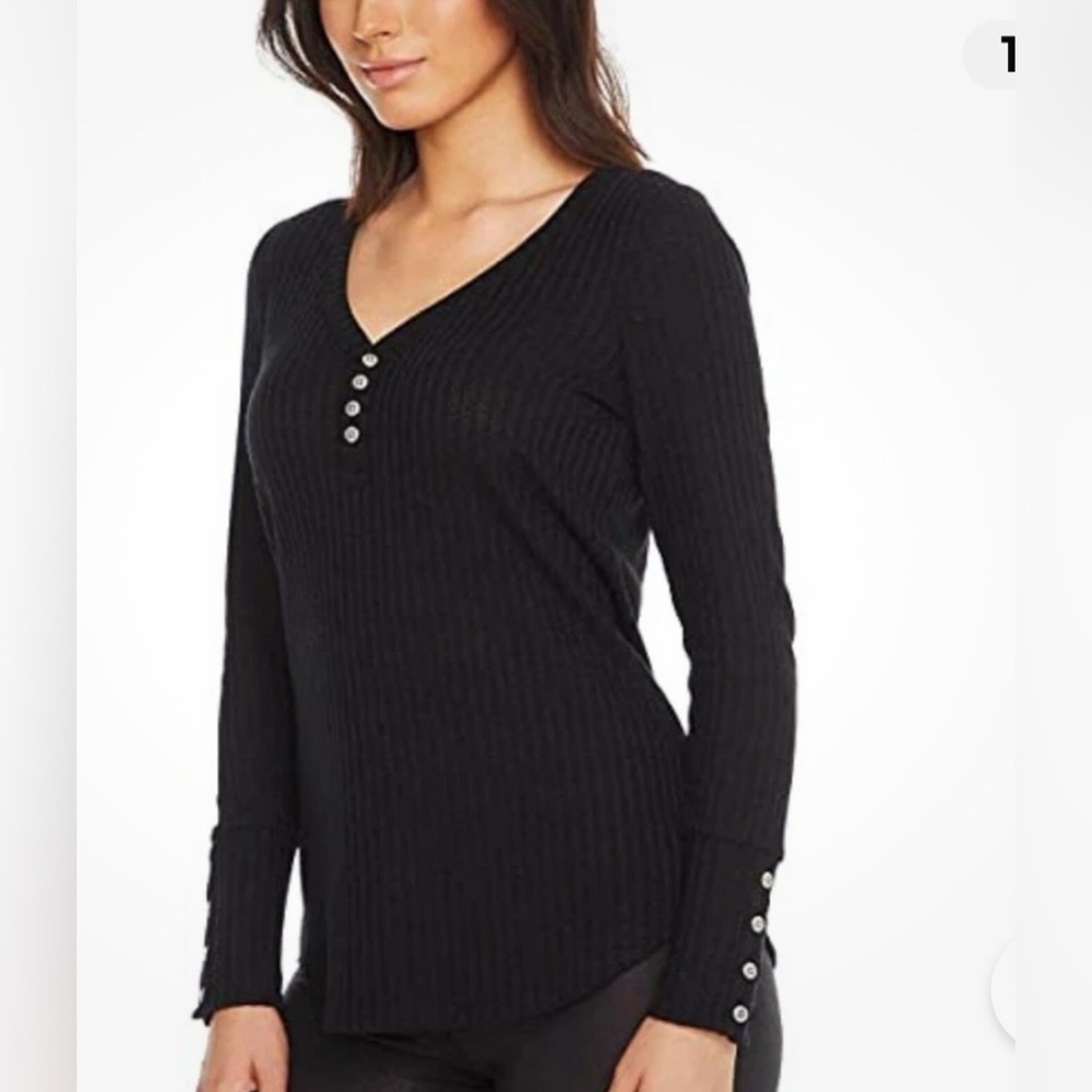Chaser Black Long Sleeve Ribbed Henley Waffle Knit Top, Button Detail Size Small